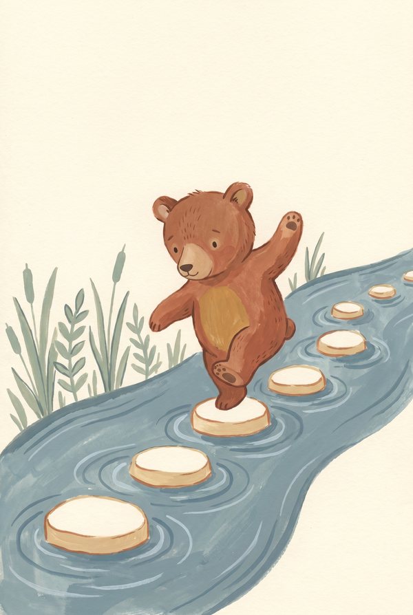A bear balancing across stepping stones over a winding blue river