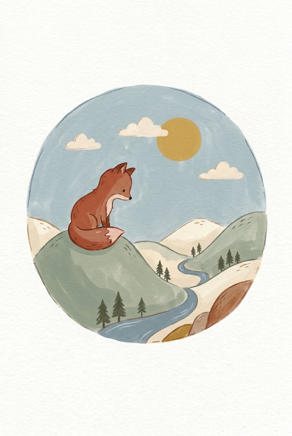 A fox sitting on a hilltop looking over rolling hills, in a circular vignette