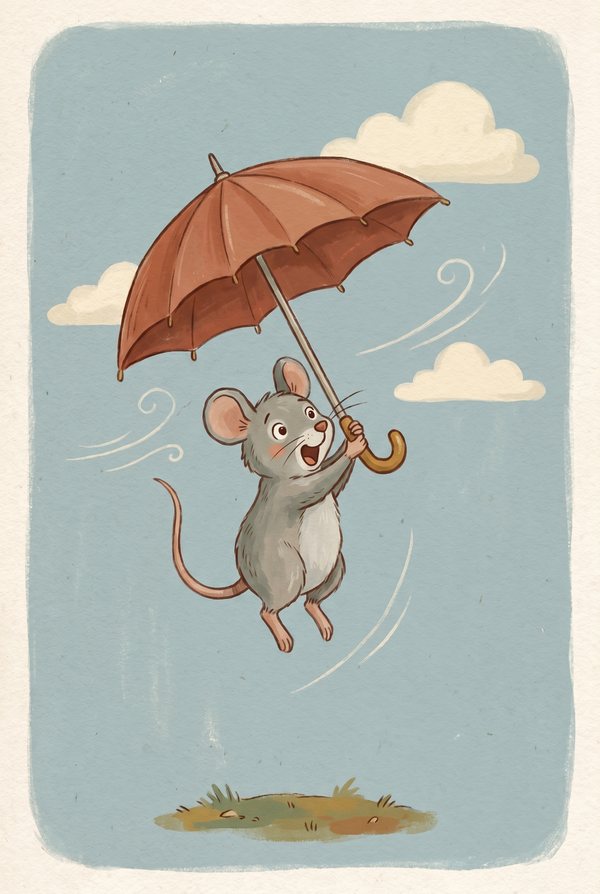 A mouse floating on the breeze holding a rust-red umbrella above the clouds