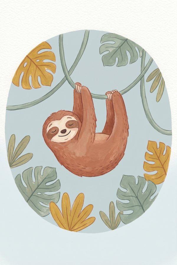 A sloth hanging upside down from a vine among green and ochre leaves
