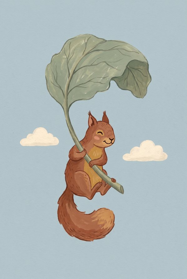 A squirrel drifting down under a leaf parachute through pale blue sky