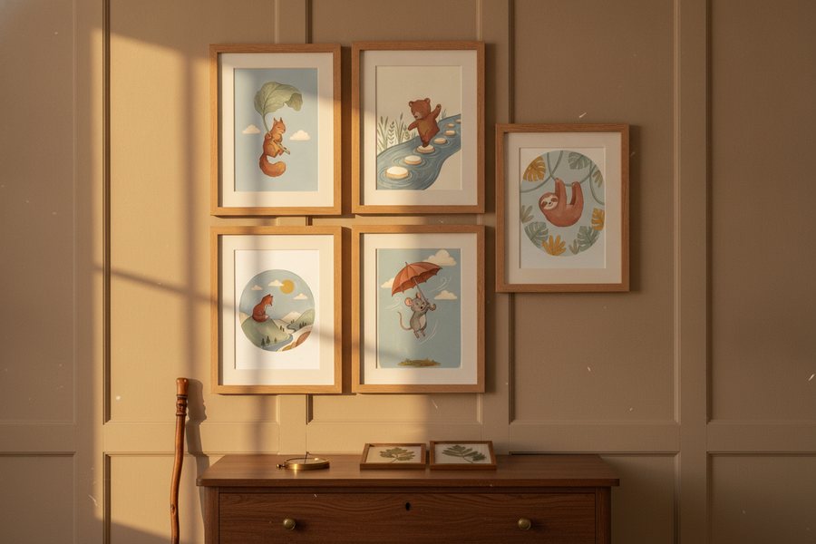 The five free adventure prints framed on a panelled wall in evening light