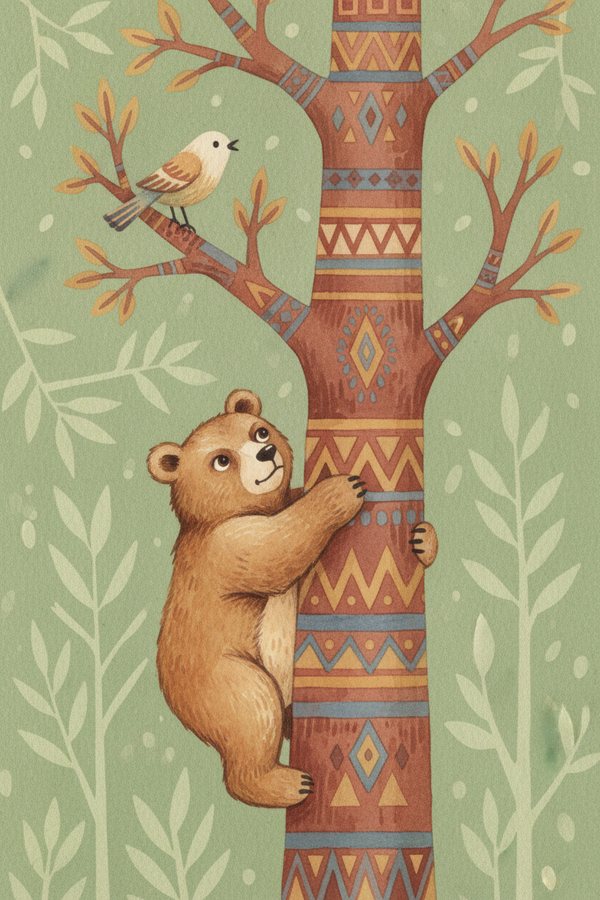 A bear cub climbing a patterned tree trunk with a small bird on a branch