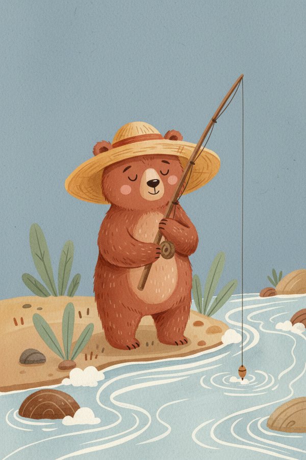 A bear in a straw hat fishing with a rod beside a winding blue river