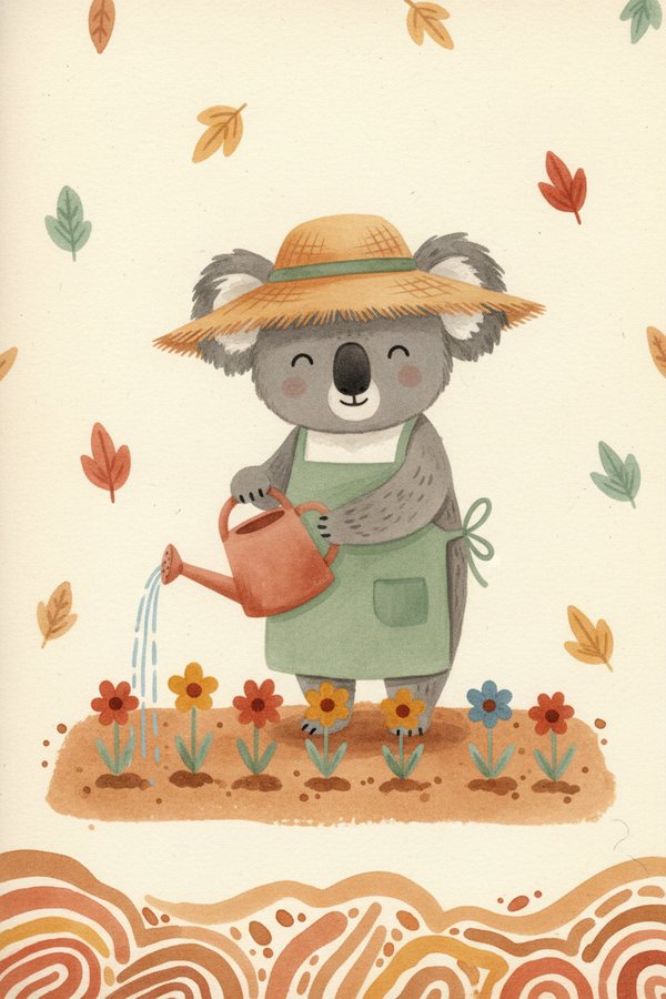 A koala in a straw hat and apron watering a row of flowers among falling leaves