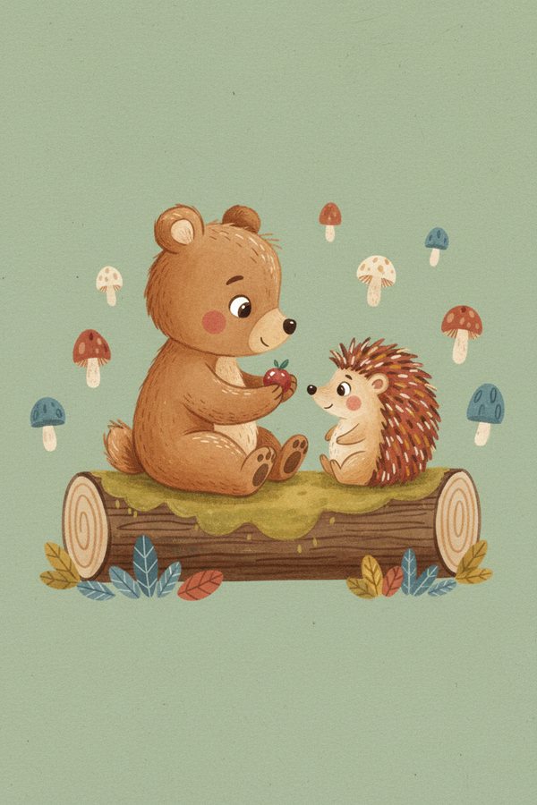 A bear cub sitting on a log offering a berry to a hedgehog among toadstools