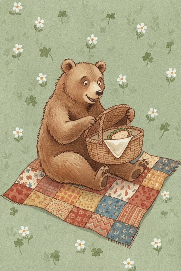 A bear sitting on a patchwork picnic blanket opening a basket, on sage green