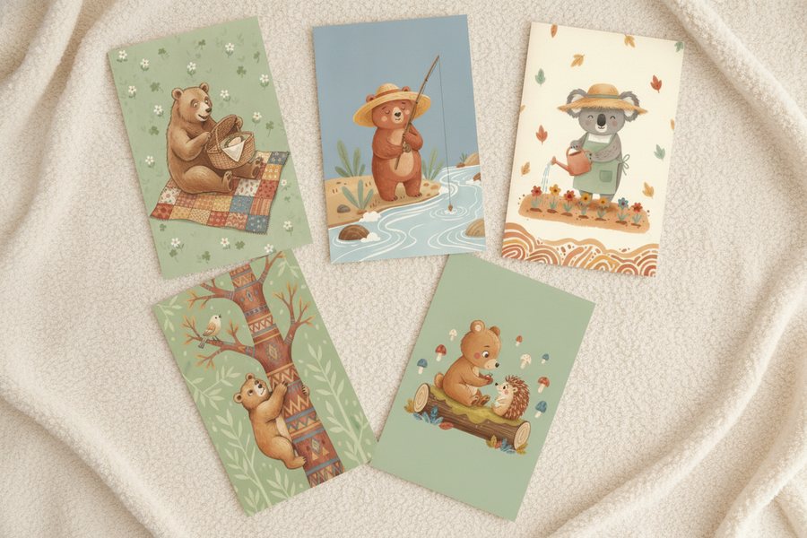 The five free bear prints laid out unframed on a cream blanket