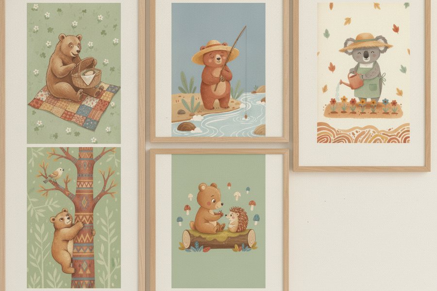 A closer view of the five free bear prints in oak frames on a cream wall