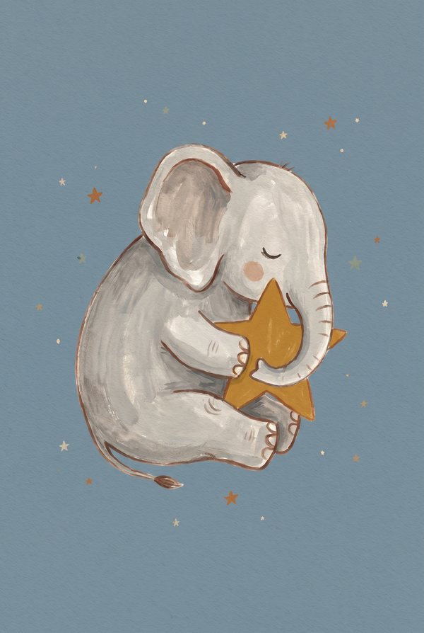 A small elephant curled asleep holding a gold star on a dusty blue background