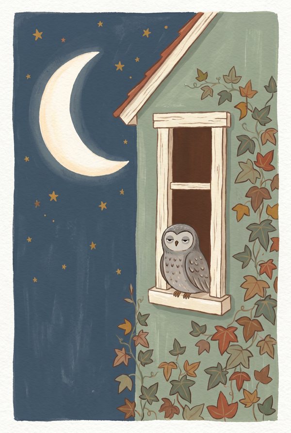 An owl sitting in a lit cottage window framed by ivy under a crescent moon