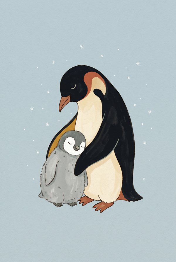 A penguin sheltering its chick under one wing on a pale blue snowy background