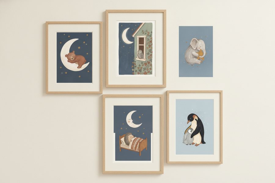 The five free bedtime prints hung as an asymmetric gallery on a cream wall