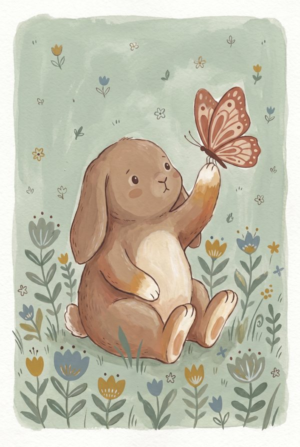 A brown lop-eared bunny reaching up to a butterfly among wildflowers
