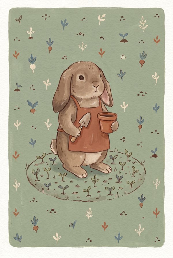 A brown bunny in a rust apron holding a plant pot on a flowered green background