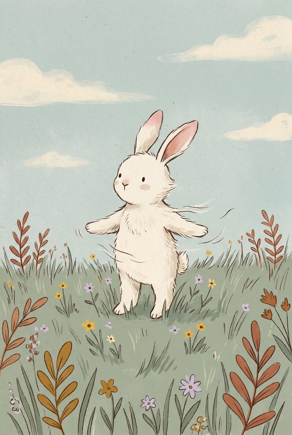 A white bunny standing in long meadow grass under a pale blue sky