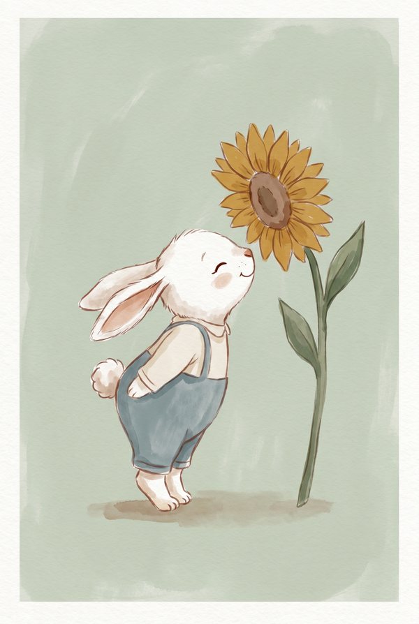 A white bunny in dungarees leaning in to smell a tall sunflower