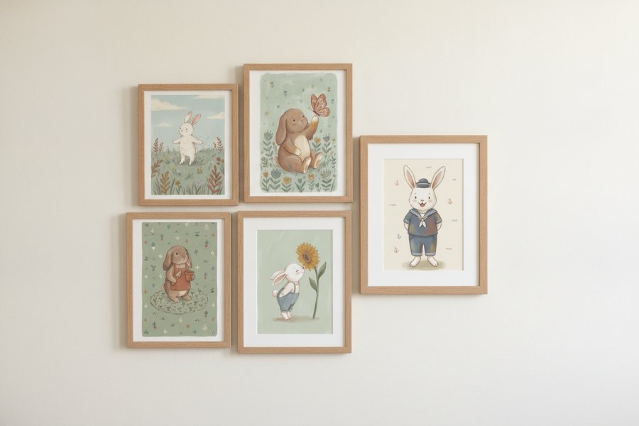 The five free bunny prints framed as an asymmetric gallery wall