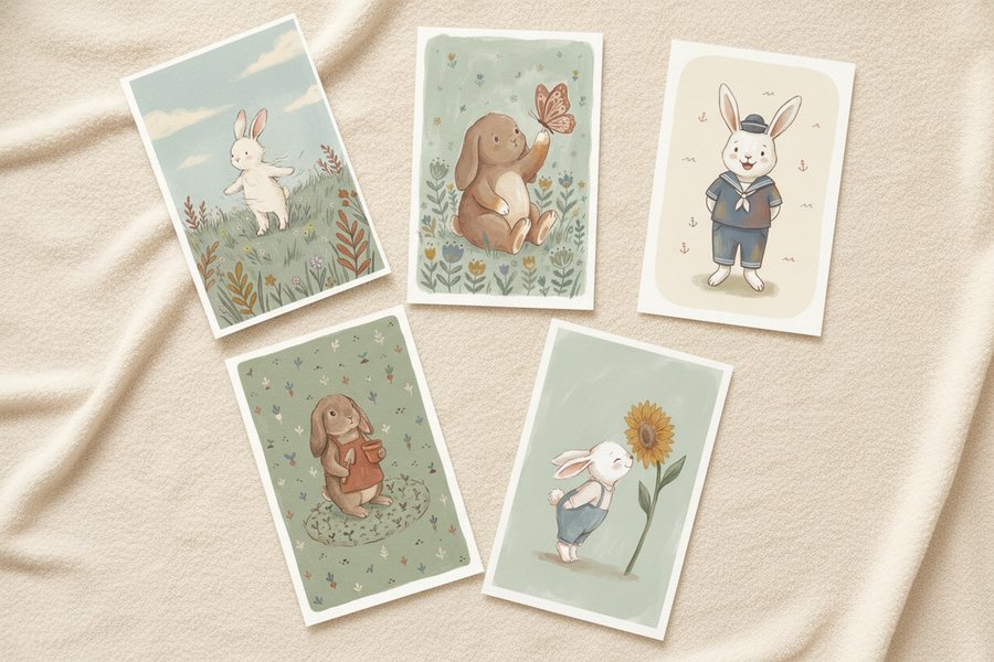 The five free bunny prints laid out unframed on a cream blanket