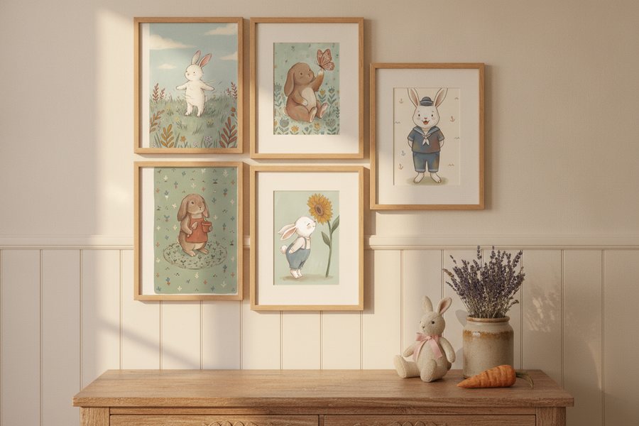 The five free bunny prints framed on a cream panelled wall