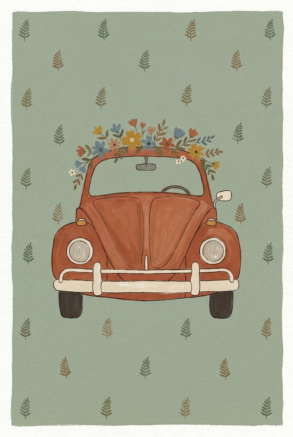 A rust-red bubble car carrying a bunch of wildflowers on its roof