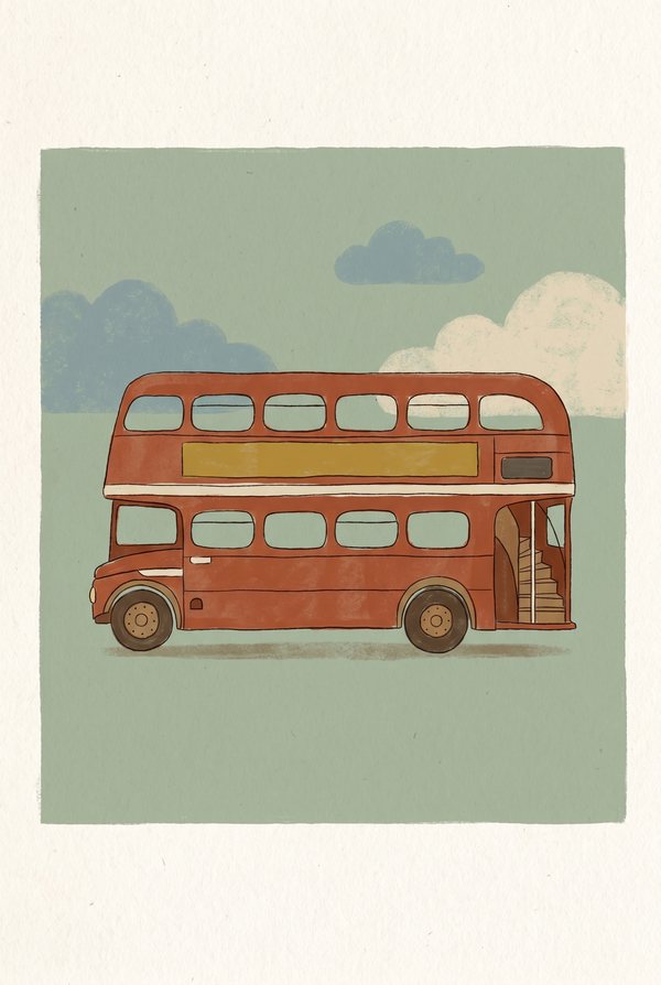 A red double decker London bus beneath painted clouds