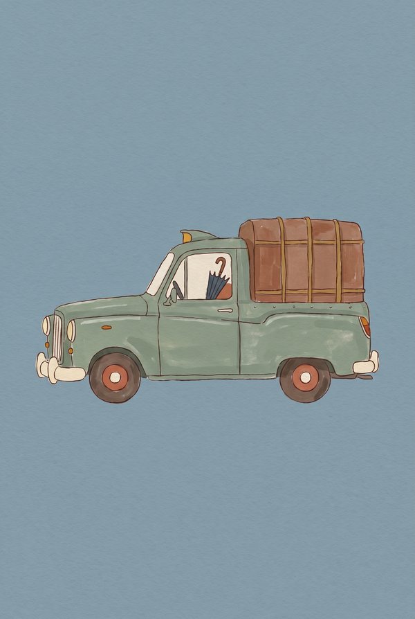 A green cab loaded with luggage on the back, on a dusty blue background