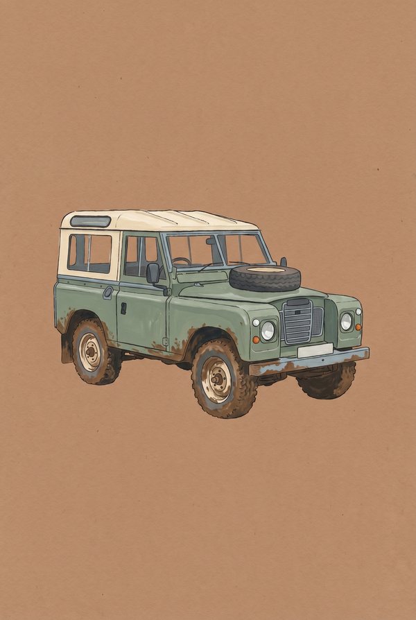 A boxy green four-wheel drive with a white roof on a warm tan background