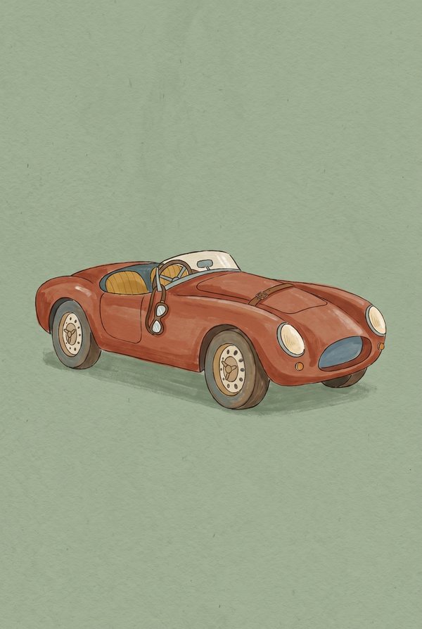 A red open-top sports car in side profile on a sage green background