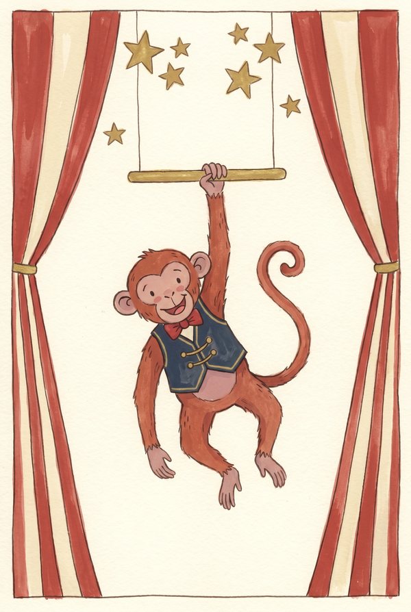 A monkey in a blue waistcoat swinging from a trapeze between red curtains
