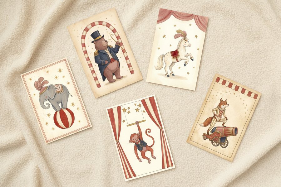 The five free circus prints laid out unframed on a cream blanket