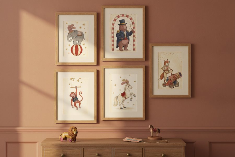 The five free circus prints framed on a terracotta panelled wall