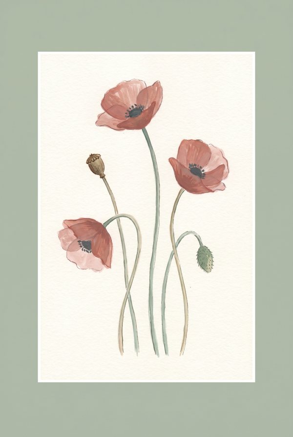 Three red poppies on slender stems painted on a cream background