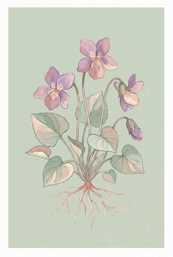 A botanical study of violets with heart-shaped leaves and exposed roots