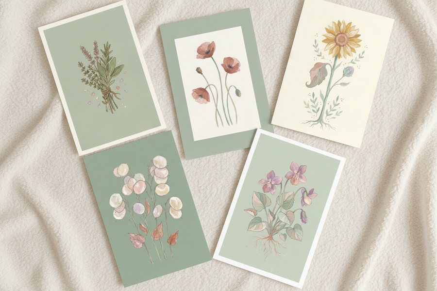 The five free botanical prints laid out unframed on a cream blanket