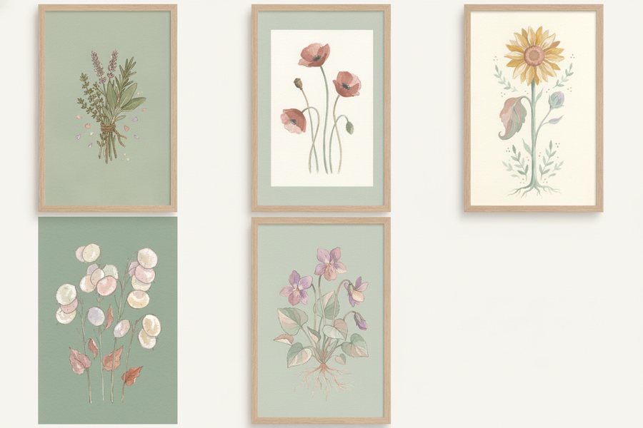 The five free botanical prints hung in a loose grid on a white wall