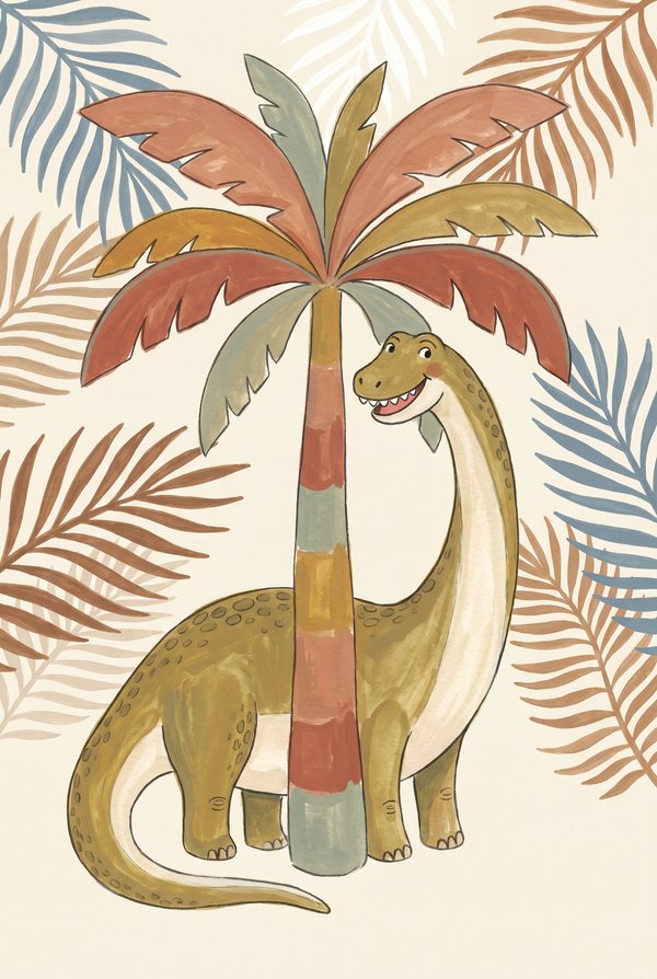 A long-necked brontosaurus reaching up beside a striped palm tree
