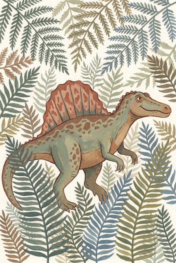 A sage spinosaurus with a rust sail among layered ferns on a cream background