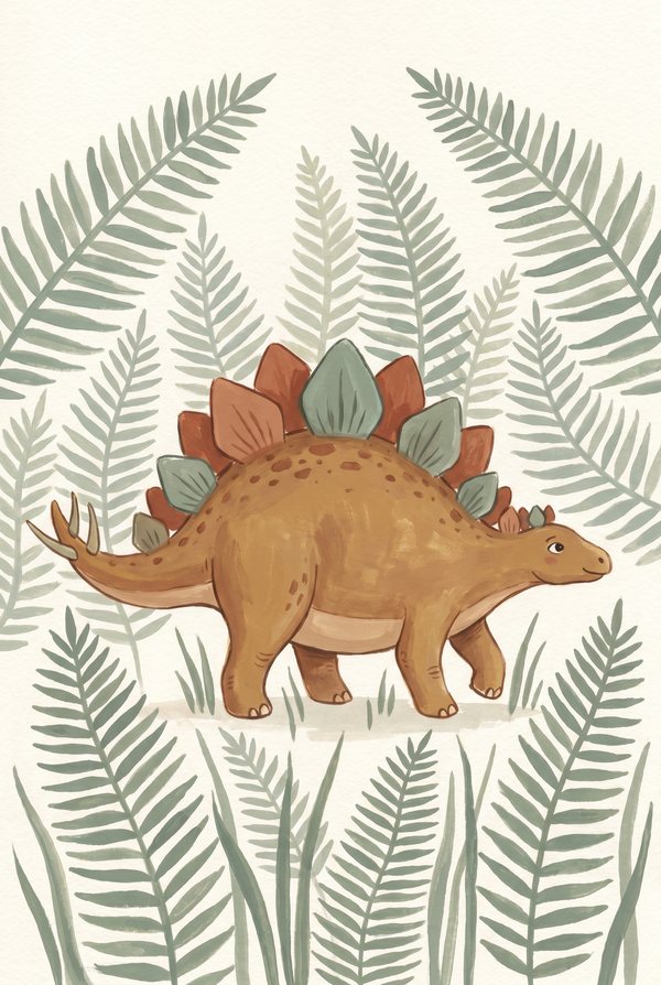 An ochre stegosaurus with sage plates walking through a bed of ferns