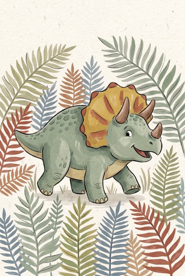 A sage green triceratops walking through coloured ferns on a cream background