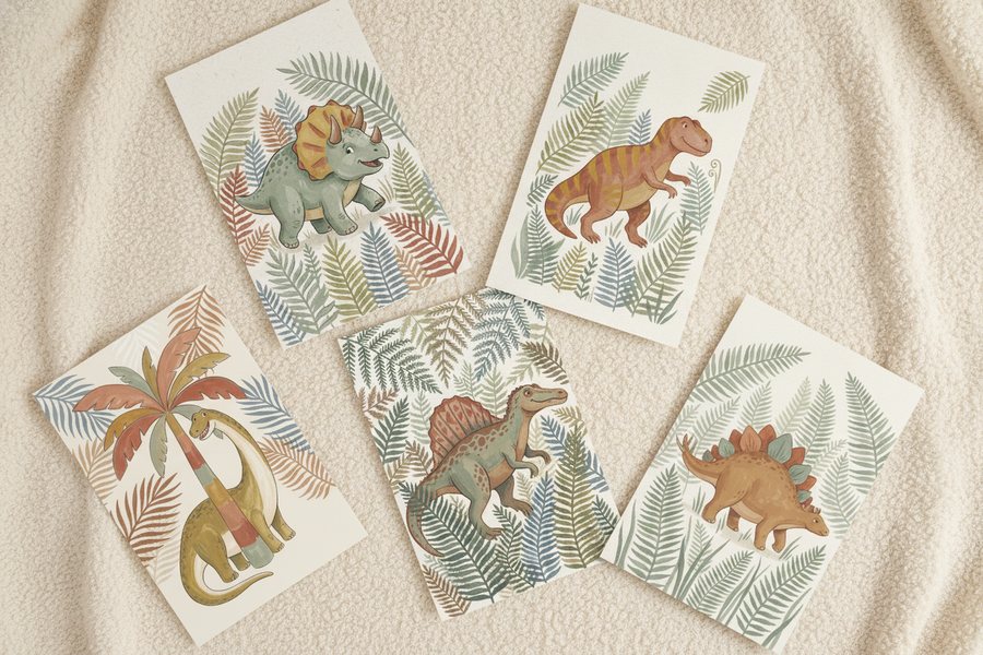 The five free dinosaur prints laid out unframed on a cream blanket