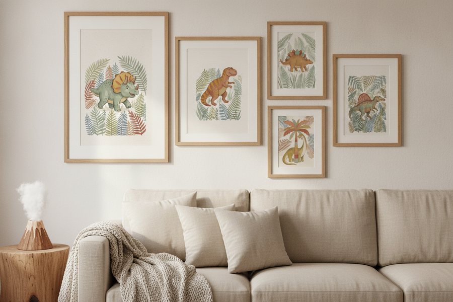 The five free dinosaur prints framed as a gallery wall above a cream sofa