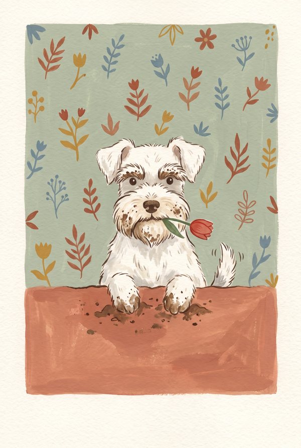 A white schnauzer holding a tulip bulb over freshly dug earth