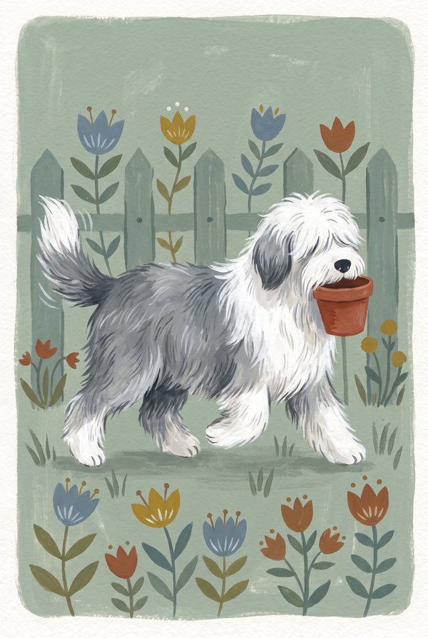 A grey and white sheepdog carrying a plant pot past a row of tulips