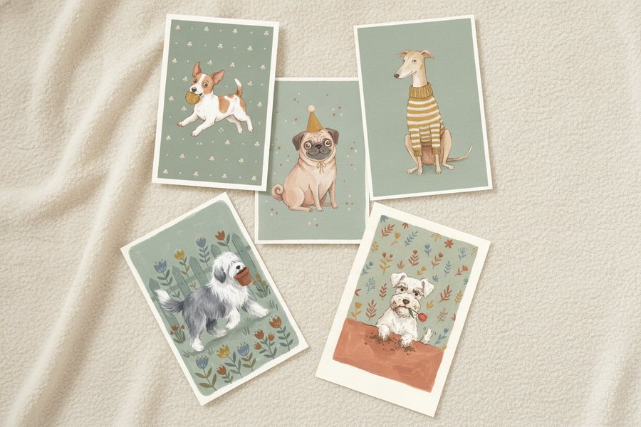 The five free dog portrait prints laid out unframed on a cream blanket