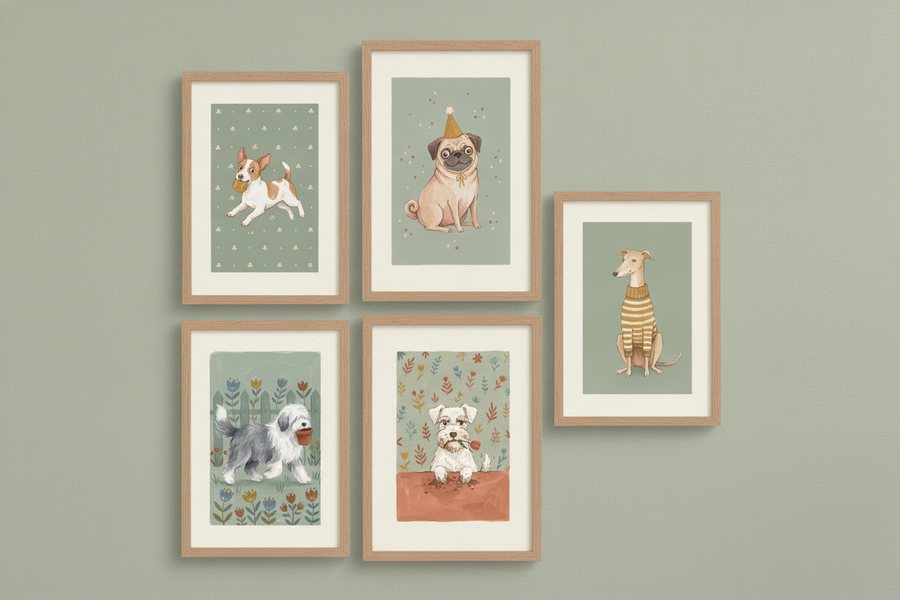 The five free dog portrait prints framed on a sage green wall