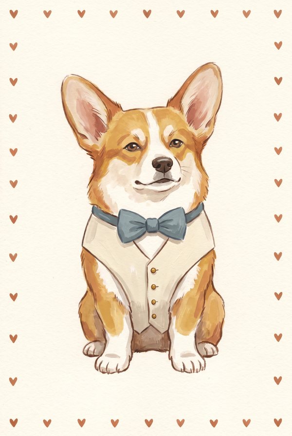 A corgi in a cream waistcoat and blue bow tie, framed by small hearts