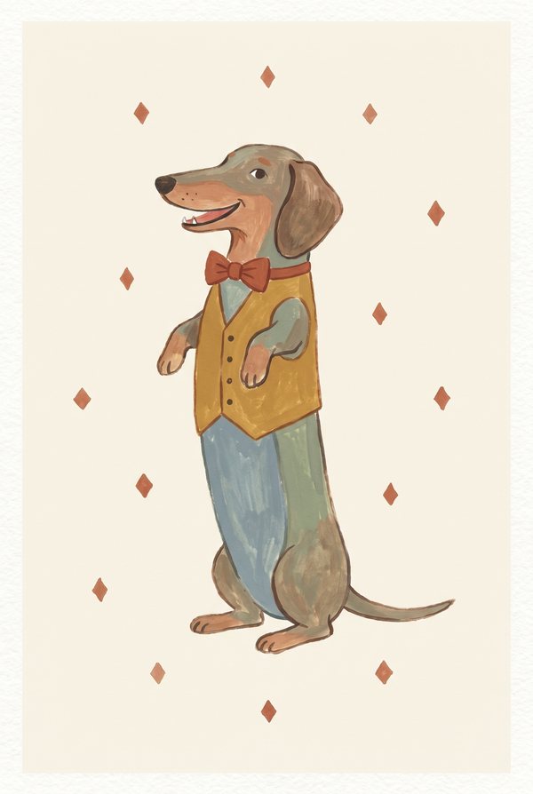 A dachshund standing upright in a yellow waistcoat and blue trousers