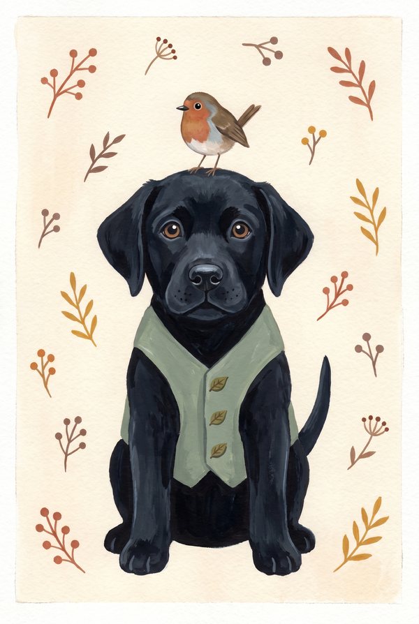 A black labrador in a sage waistcoat with a robin perched on its head