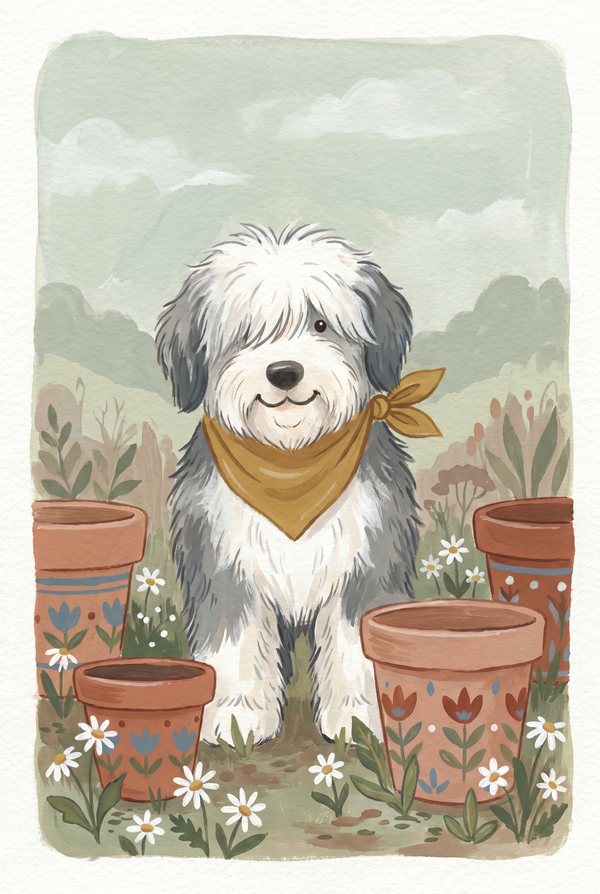 A shaggy sheepdog in a yellow neckerchief among terracotta pots and daisies